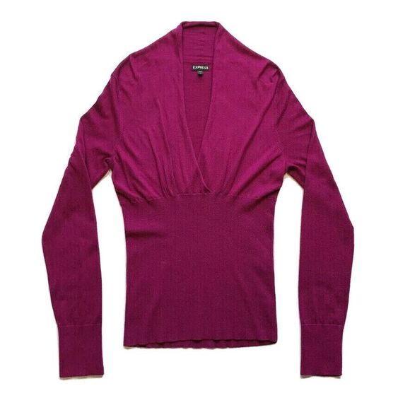 Express Rayon Cashmere Blend Shawl Collar Sweater Pleated Stretch Waist Purple L - Picture 1 of 12